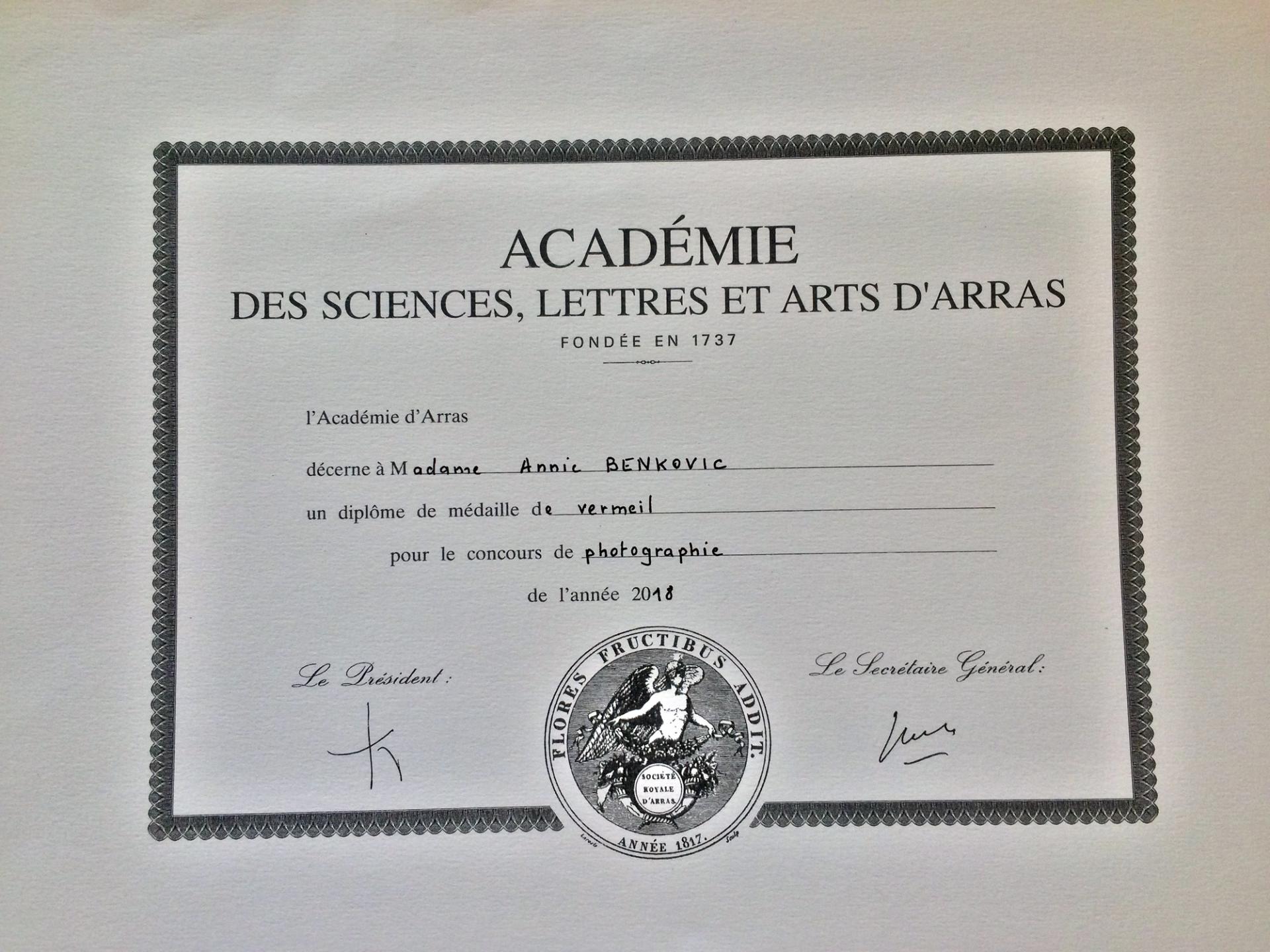 Diplôme du concours de l'Académie des Sciences, Lettres et Arts d'Arras